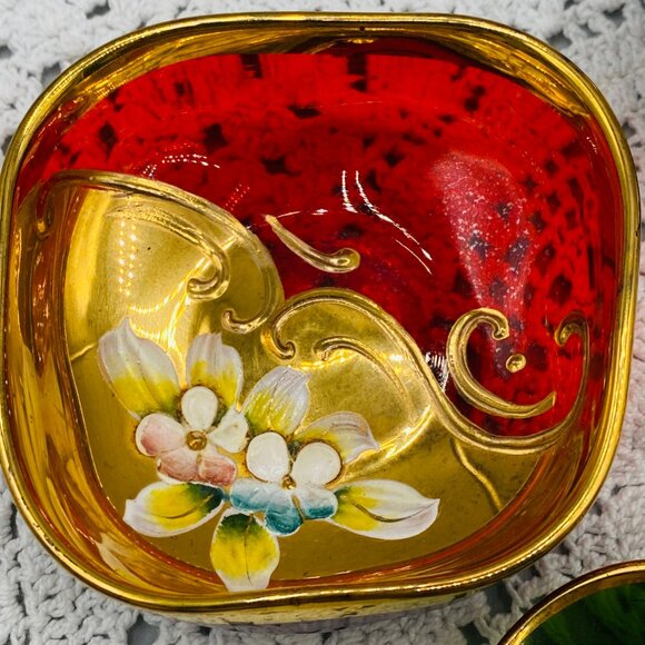Murano Glass Trinket Dishes: Gold Gilt Painted Flowers, Set of 4 - Picture 4 of 9